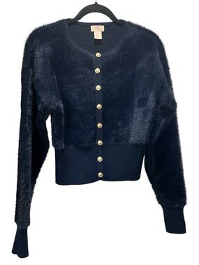 Camila Coelho Navy Blue Fuzzy Faux Fur Cropped Cardigan Sweater XS